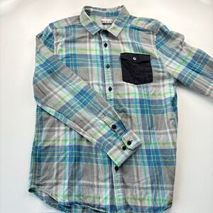 Rusty Plaid‎ Flannel Shirt Men's Large Blue Green Long Sleeve Casual Button Up